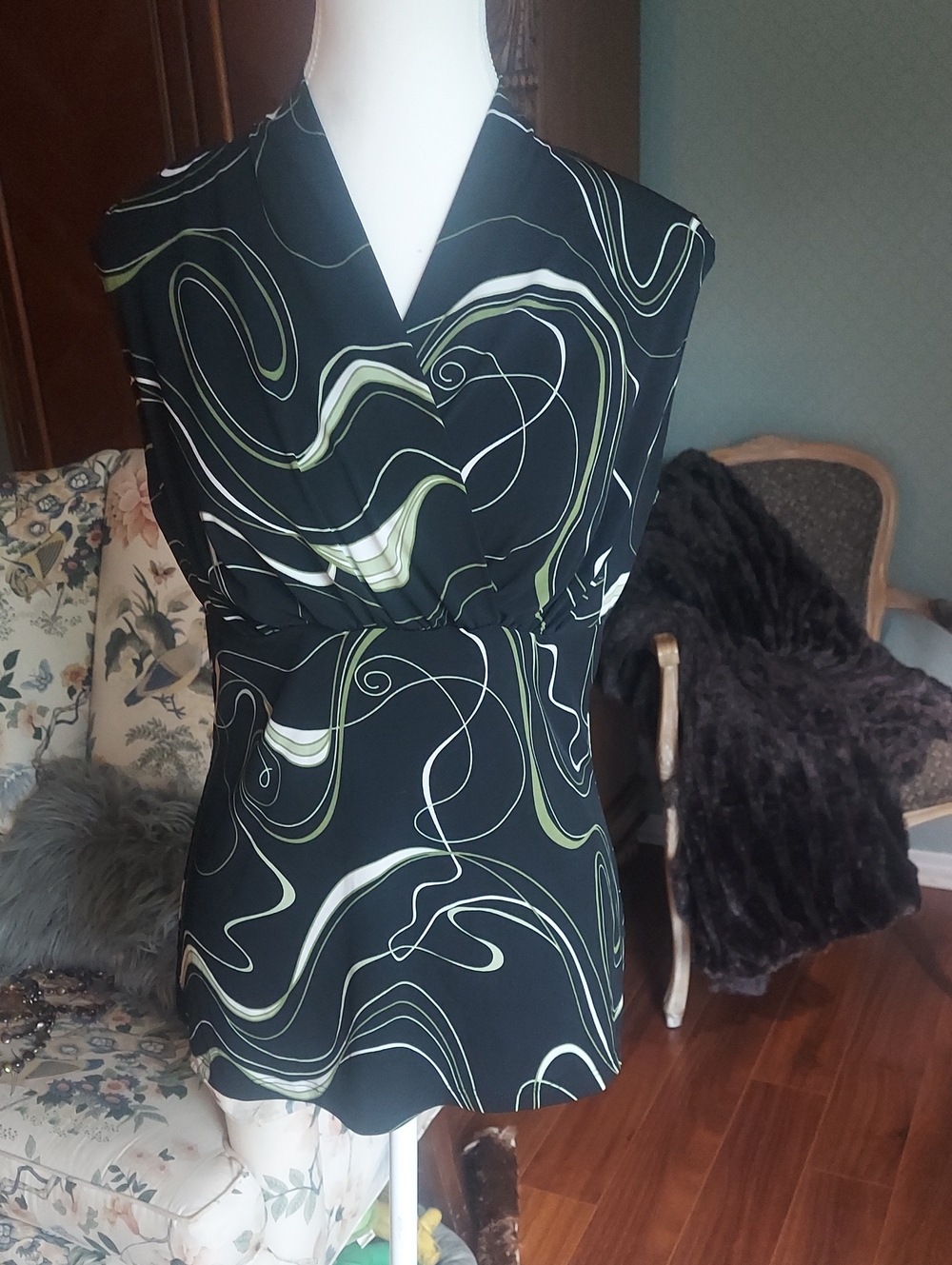 Sleeveless Black Swirl Print Wrap Top